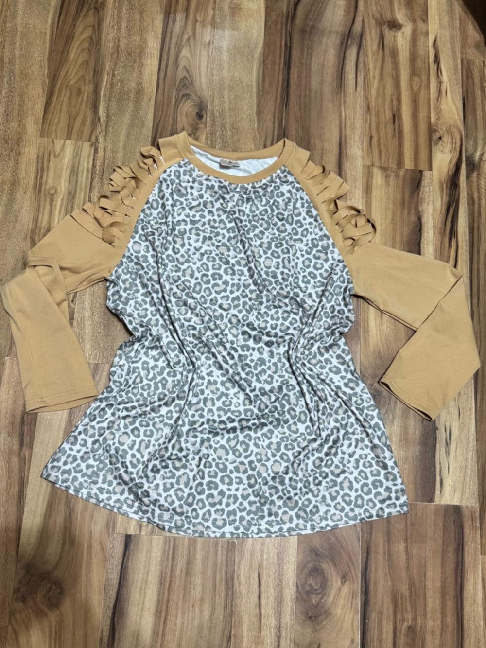 Leopard Print Raglan Top with Mustard Ruffled Sleeves